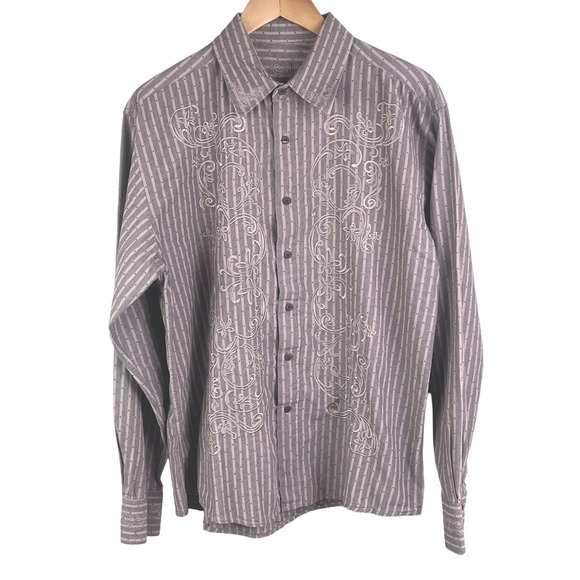 191 Unlimited Gray Embroidered Front Cuffs‎ Floral Scrolls Long Sleeve Shirt XL - Picture 2 of 9
